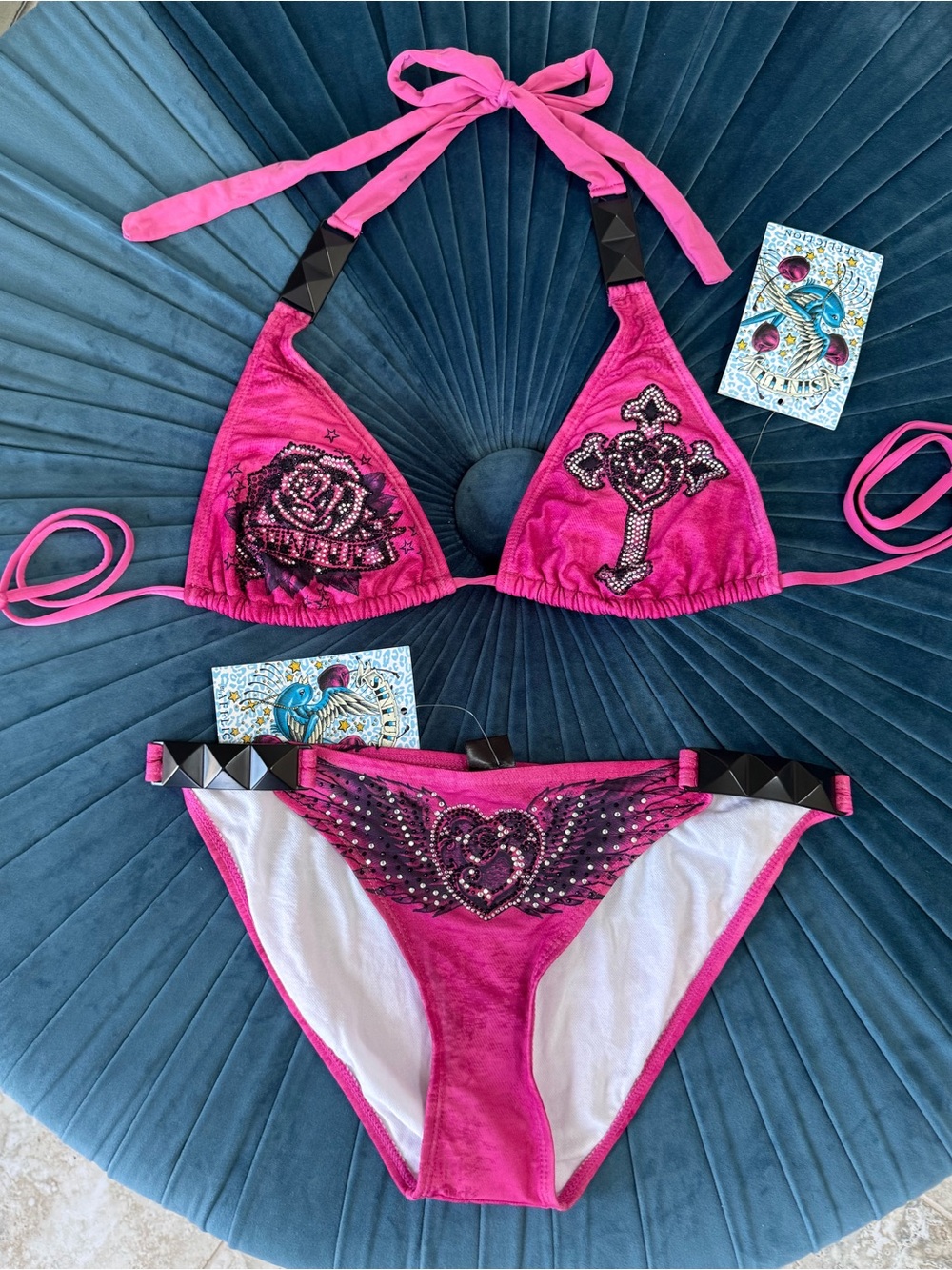 Rare Sinful by Affliction Y2K Hot Pink Embellished Triangle Bikini Set, Size L